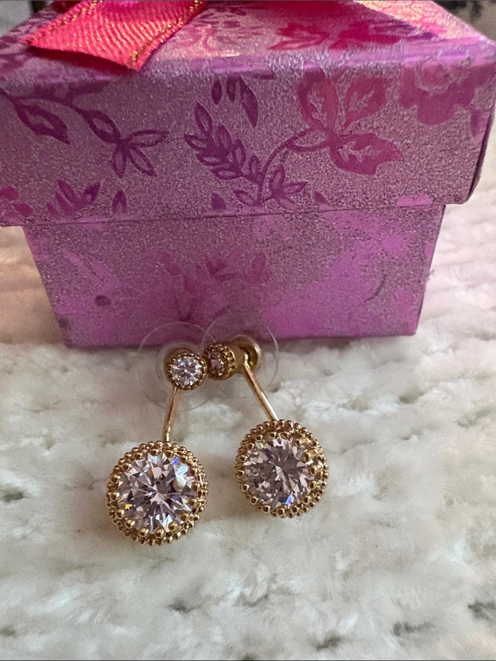 Fashion Jewelry Gold-Tone Double-Sided Crystal Drop Earrings with Pink Gift Box